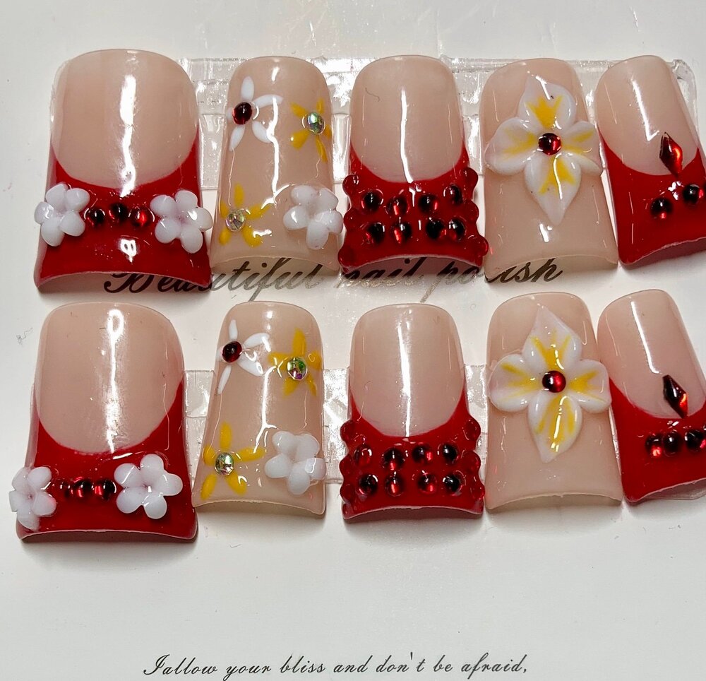 Y2K Red Yellow 3D Flower Gem French Handmade Duck Shaped Press-On Nails Large